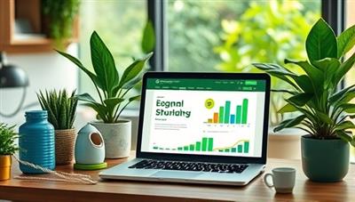 An eco-friendly office setting with recyclable materials, green plants, and natural light, symbolizing sustainability in accounting practices, with a laptop displaying eco-friendly accounting software, showcasing the blend of nature and finance.