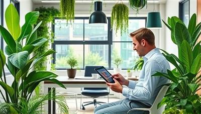 An office environment adorned with lush greenery and eco-friendly décor, featuring a financial consultant reviewing sustainability reports on a tablet, symbolizing the fusion of finance and environmental stewardship in EcoLedger Solutions.