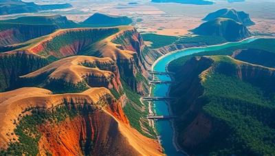 A breathtaking aerial shot of a scenic landscape captured by a drone, showcasing the beauty and versatility of aerial photography, with vibrant colors and intricate details that draw viewers into the image.