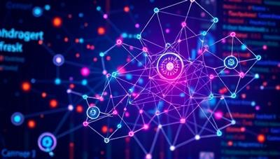 An abstract visualization of interconnected data nodes representing career pathways, skills, and job market trends, overlaid with futuristic AI technology elements, symbolizing advanced career insights and recommendations.