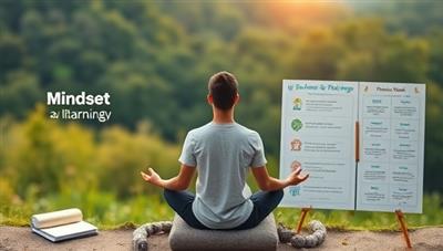An inspiring visual of a person meditating in a peaceful setting surrounded by financial planning notebooks, motivational quotes, and a vision board illustrating financial goals, representing the balance between mindset and money management.