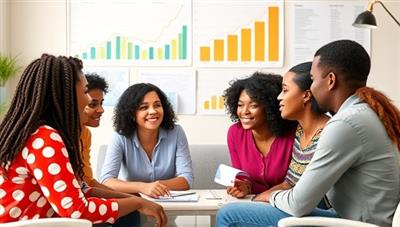 A vibrant and inclusive image of diverse individuals engaging in a financial coaching session, with charts and financial tools in the background, symbolizing empowerment and education in personal finance.