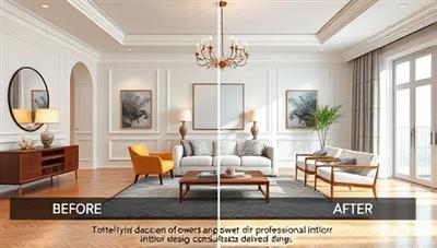 An elegant virtual room rendering showcasing a beautifully designed living space with before-and-after sliders, highlighting the transformative power of professional interior design consultations delivered online.