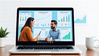 A virtual financial planning session displayed on a laptop screen, featuring a financial coach discussing investment portfolios, savings strategies, and retirement planning with a client, surrounded by financial charts, budget trackers, and wealth-building resources, highlighting the transformative impact of MoneyMentorHub's coaching services.