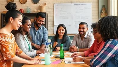 An engaging visual of diverse individuals participating in a skill-sharing workshop, exchanging knowledge and skills in a collaborative and supportive community setting, showcasing the inclusive and interactive nature of SkillSwap Hub.