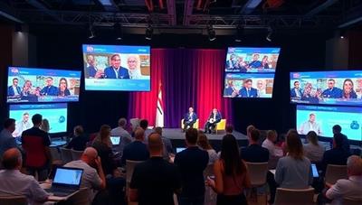 An image of a virtual event setup with multiple screens displaying interactive content, a virtual stage with speakers, and engaged attendees participating in discussions and networking activities, highlighting the dynamic and immersive nature of virtual gatherings organized by VirtualVibe Events.