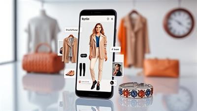 A sleek and futuristic interface displaying a virtual stylist suggesting outfit combinations on a smartphone screen, with stylish clothing items and accessories in the background, creating a modern and trendy vibe.