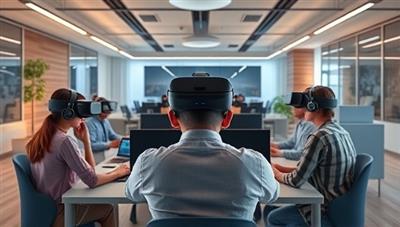 An immersive VR environment showcasing a remote team of avatars engaging in a virtual team-building exercise, symbolizing unity and collaboration through technology, with digital representations of office spaces and interactive challenges.