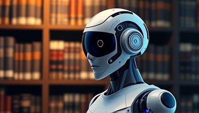An imaginative visual of LexiAI Research as a virtual assistant depicted as a futuristic robotic figure with a legal bookshelf in the background, symbolizing the blend of AI technology and legal expertise in research assistance.