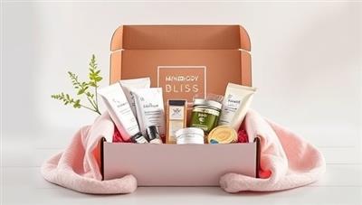 An aesthetically pleasing and serene image of a beautifully packaged MindBody Bliss Box filled with wellness goodies, mindfulness tools, and self-care products, exuding a sense of tranquility and self-indulgence.