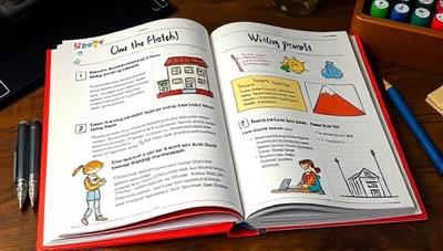 An image of a colorful and engaging writing workbook open on a desk, featuring writing prompts, illustrations, and interactive exercises, creating a visually stimulating and immersive writing experience.