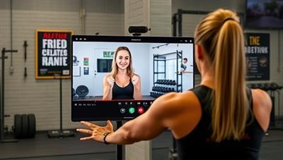 A virtual fitness coach guiding a client through a workout session via a video call, with motivational posters and fitness equipment in the background, creating a dynamic and supportive fitness environment that encourages progress and accountability.