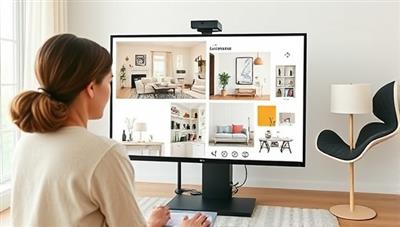 A virtual interior designer presenting a digital mood board and design concept to a client via video call, showcasing color palettes, furniture arrangements, and decor ideas for a room transformation, creating a visually appealing and interactive design consultation experience.