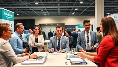 A professional virtual career fair setting with recruiters, job seekers, and career coaches engaging in networking conversations and interview simulations, portraying the dynamic and interactive nature of CareerClimb's career development platform.