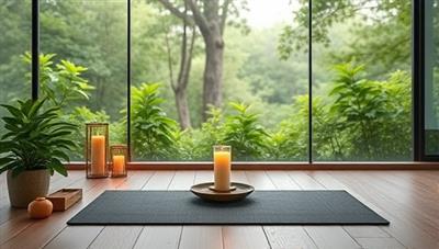 A serene virtual retreat setting with calming nature sounds, virtual candles, and a yoga mat where participants can engage in mindfulness practices and relaxation exercises, capturing the tranquil and rejuvenating essence of ZenZone Retreats.