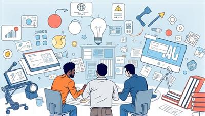 A dynamic visual representation of a team of design experts collaborating and brainstorming ideas, surrounded by design tools, sketches, and digital interfaces, symbolizing the creative and collaborative nature of the subscription-based web design consultation service.