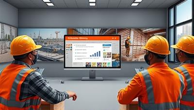 A virtual classroom setting with construction workers participating in an interactive safety training course on a computer screen, with safety gear and construction site images in the background, promoting a culture of safety and education in the industry.