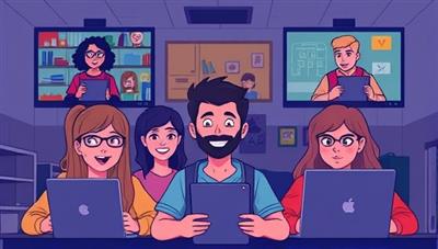An illustration of a group of friends on a video call, each interacting with a different aspect of a virtual escape room on their screens, showcasing teamwork and excitement during the gameplay experience.