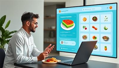 An engaging virtual nutrition consultation where an individual interacts with a digital AI nutritionist, reviewing personalized meal plans and discussing dietary choices, showcasing the innovative and personalized nutrition solutions offered by NourishWise AI.