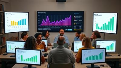 A diverse group of individuals attending a virtual financial workshop, with interactive graphs and financial tips displayed on screens around them, conveying a collaborative and informative atmosphere.