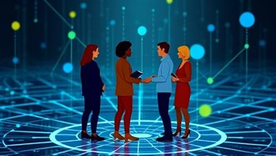 An artistic representation of a diverse group of individuals symbolizing different risk profiles interacting on a digital platform, exchanging insurance coverage and building a community-driven insurance ecosystem.