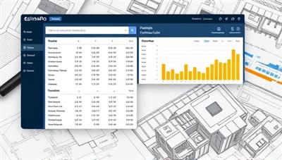 An online project estimation dashboard displaying detailed cost breakdowns, material lists, and project timelines, alongside construction blueprints and architectural drawings, illustrating the meticulous planning and accuracy of EstimaPro Online's estimation services.
