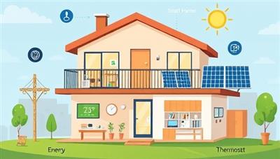 An illustrative depiction of a modern smart home equipped with energy-efficient devices, showing a seamless integration of smart thermostats, solar panels, and energy monitoring tools, highlighting a sustainable and tech-savvy lifestyle.
