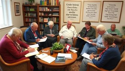 A cozy writing workshop setting with senior participants engaged in creative writing exercises, sharing stories, and providing feedback to each other, surrounded by books, writing materials, and inspirational quotes, fostering a nurturing and inspiring space for storytelling and self-expression.