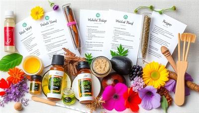 An array of colorful natural ingredients like oils, herbs, and flowers arranged in small jars and bottles, alongside recipe cards and beauty tools, creating a vibrant and inviting DIY beauty kit setup.