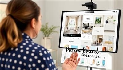 An interior designer conducting a virtual consultation with a client, presenting design concepts and color schemes through a video call, with virtual room renderings and decor samples displayed on a digital mood board, showcasing personalized and interactive design services.