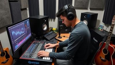 An aspiring music producer working on a digital audio workstation (DAW) with MIDI controllers and studio monitors, surrounded by musical instruments and soundproofing panels, creating a dynamic and creative music production environment that inspires learning and experimentation.