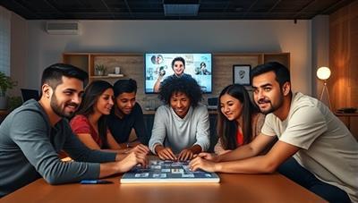 A diverse group of remote team members participating in a virtual team-building activity, such as a collaborative puzzle-solving challenge or a virtual escape room, showcasing teamwork, engagement, and fun in the digital workspace.