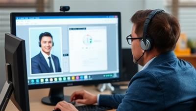An image of a virtual technical support agent assisting a customer via video call, troubleshooting a telecommunication issue on a computer screen, showcasing efficient and reliable remote tech support services.