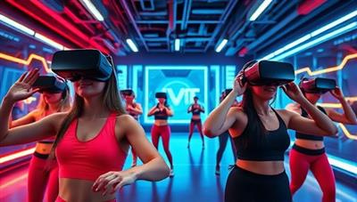 An engaging virtual reality scene with users wearing VR headsets and participating in a high-energy fitness class set in a futuristic virtual world, showcasing the immersive and dynamic nature of VRFit workouts.