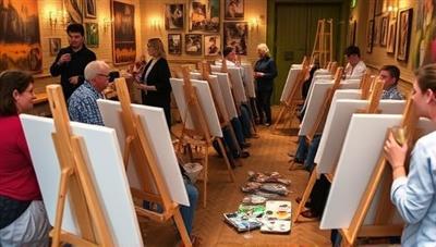 A cozy art studio setting with easels, canvases, paint palettes, and wine glasses, surrounded by customers engrossed in painting sessions, chatting and sipping drinks, creating a vibrant and relaxed artistic atmosphere.