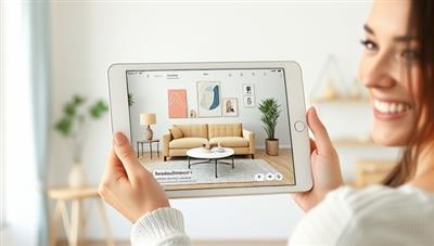 A visually appealing digital mockup of a cozy living room with virtual design elements like color swatches, furniture placements, and decor accents, displayed on a tablet screen held by a smiling interior designer, illustrating the concept of virtual home decor consultation.