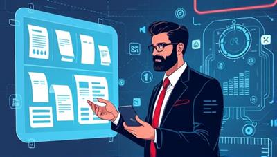An illustration of a business owner interacting with a futuristic AI interface that organizes receipts and generates expense reports seamlessly, showcasing efficiency and modernization in expense management.