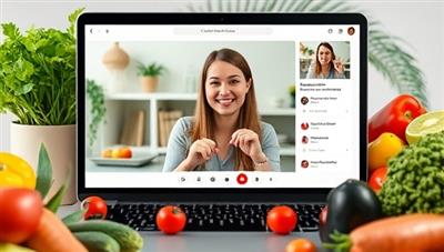 An online nutrition coaching session with a certified nutritionist discussing meal plans and health goals with a client via video call, surrounded by fresh fruits and vegetables, conveying health, expertise, and personalized care.