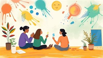An expressive illustration of a virtual art therapy session where participants engage in creative art-making activities, share their emotions through visual expressions, and connect with their inner selves in a supportive and therapeutic environment, fostering a sense of healing, resilience, and emotional connection.