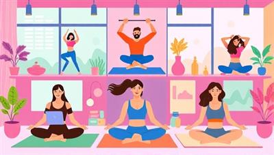 A vibrant illustration of college students participating in virtual fitness and mindfulness classes, showcasing diverse workout routines and relaxation techniques in a colorful and energetic online wellness setting that promotes balance and self-care.