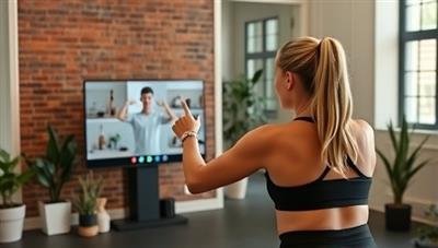An engaging virtual fitness session, with a trainer guiding a user through a workout routine via a video call, emphasizing convenience and personalized coaching.