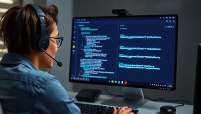 A virtual tech support specialist assisting a customer through a video call, with a computer screen displaying a complex tech issue being resolved in real-time, showcasing the convenience and efficiency of remote tech support services.