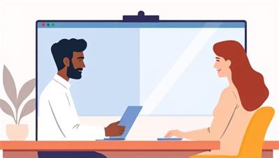 An illustration of two individuals engaging in a virtual mediation session via video conference, with a mediator guiding the discussion and resolving conflicts peacefully, showcasing the convenience and effectiveness of MediateHub.