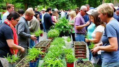 A vibrant community event scene with people exchanging potted plants, gardening tools, and tips, creating a lively and green-filled atmosphere that promotes plant sharing and community bonding.