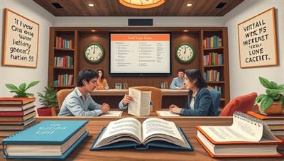 An artistic representation of a virtual writing retreat, showing participants in a digital meeting room surrounded by books, notepads, and inspirational quotes, creating a cozy and motivational writing environment.