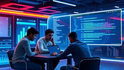 A futuristic and dynamic visual of a virtual coding workshop, with coding enthusiasts collaborating on a digital project, brainstorming ideas, and debugging code together in a virtual coding environment, emphasizing the interactive and hands-on learning experience of the virtual coding bootcamp.