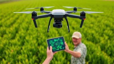 An agricultural drone hovering over a vast green field, capturing high-resolution images of crops below, with a farmer analyzing the data on a tablet, highlighting the advanced technology and data-driven approach of AgriFly Solutions.