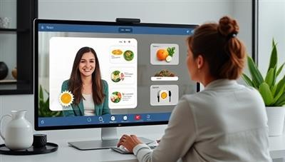 A virtual wellness coaching session depicted through a digital interface with a coach guiding a client on healthy lifestyle choices, meal planning, and exercise routines, showcasing the personalized and interactive nature of WellnessSphere Virtual.