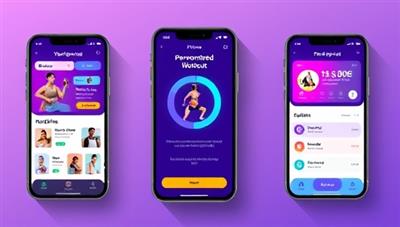 An engaging app interface showcasing personalized workout recommendations, nutritional tips, and progress tracking features, highlighting the AI-powered customization and user-friendly design of FitGenie AI.