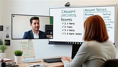 An online career coaching session with a professional coach discussing career goals and strategies with a client via video call, while reviewing resumes and job search tactics on a virtual whiteboard, showcasing personalized and interactive career guidance.